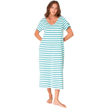 VESTIDO BATELA MUJER LARGO DE RAYAS CON ABERTURA Y CUELLO PICO C/TX