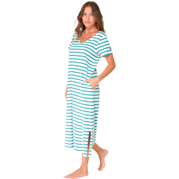 VESTIDO BATELA MUJER LARGO DE RAYAS CON ABERTURA Y CUELLO PICO C/TX